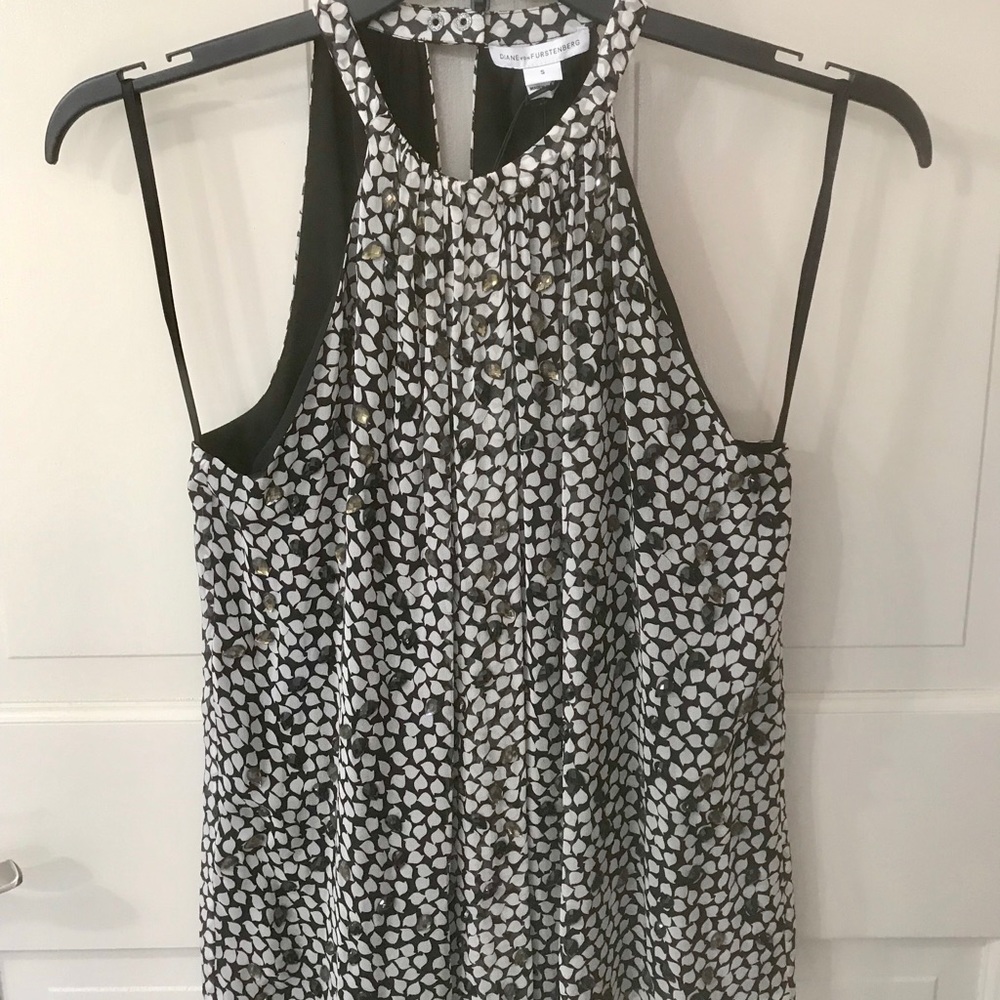 Rhinestone embellished sleeveless silk top